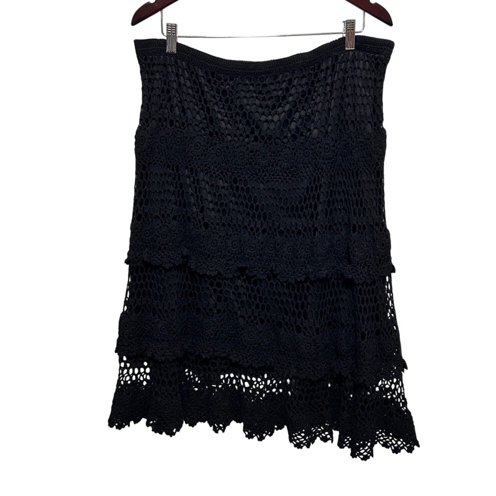 Lane Bryant Women Gothic Boho Crochet Skirt 14/16 Black Tiered Lined Lace Midi